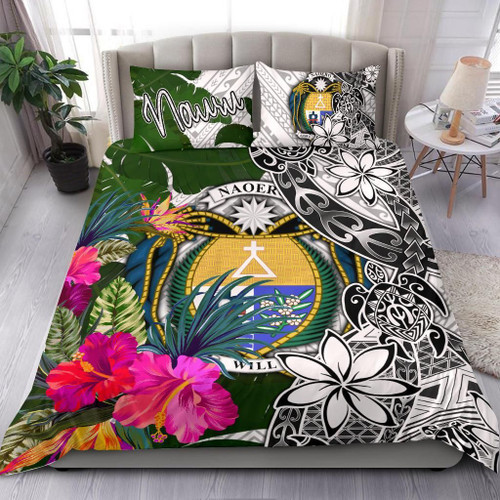 Nauru Bedding Set White - Turtle Plumeria Banana Leaf Crest 1
