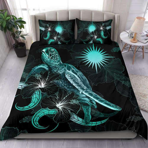 Marshall Islands Polynesian Bedding Set - Turtle With Blooming Hibiscus Turquoise 1
