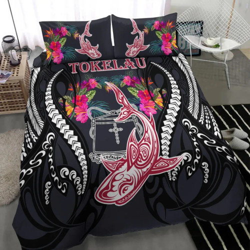 Tokelau Bedding Set - Polynesian Shark Hibiscus Flower 1