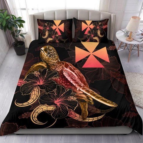 Wallis And Futuna Polynesian Bedding Set - Turtle With Blooming Hibiscus Gold 1