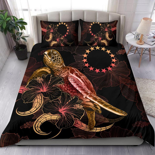 Cook Islands Polynesian Bedding Set - Turtle With Blooming Hibiscus Gold 1