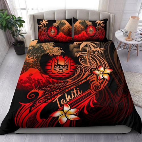 Tahiti Polynesian Bedding Set - Plumeria Flowers And Waves 1