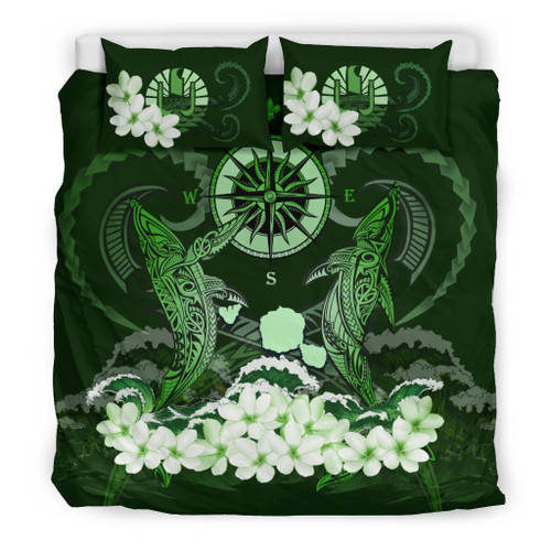 Polynesian Duvet Cover Set - Tahiti Bedding Set Shark Polynesia Compass Plumeria Green 1