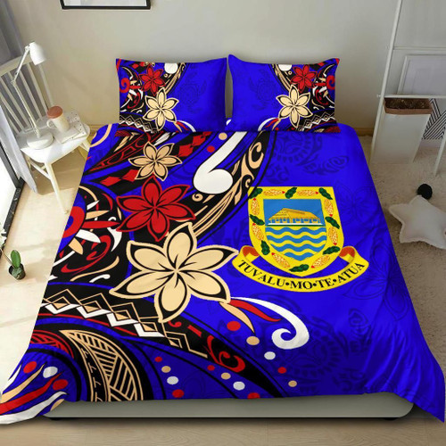 Tuvalu Polynesian Bedding Set - Tribal Flower With Special Turtles Blue Color 1