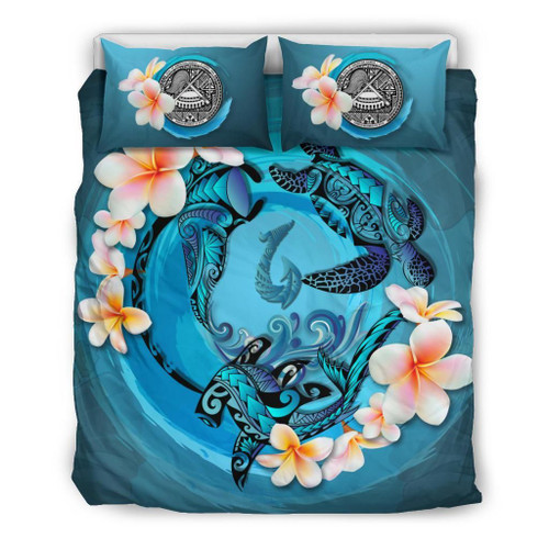 Polynesian Duvet Cover Set - American Samoa Bedding Set Blue Plumeria Animal Tattoo 1