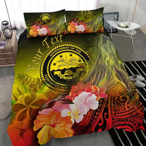 Federated States Of Micronesia Custom Personalised Bedding Set - Humpback Whale With Tropical Flowers (Yellow) 1