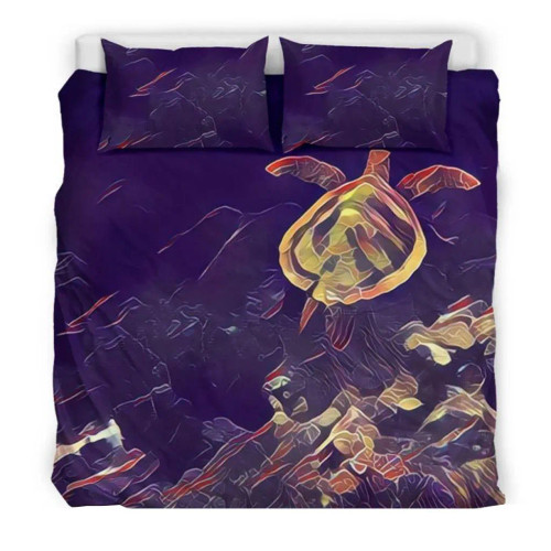 Hawaiian Duvet Cover Set - Sea Turtle Drawing (Violet) 1