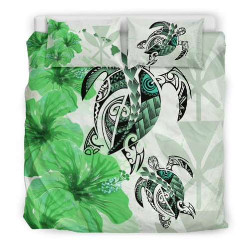 Polynesian Duvet Cover Set - Hawaii Bedding Set Polynesia Turtle Hibiscus Green 1