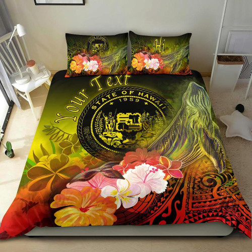 Polynesian Hawaii Custom Personalised Bedding Set - Humpback Whale With Tropical Flowers (Yellow) 1