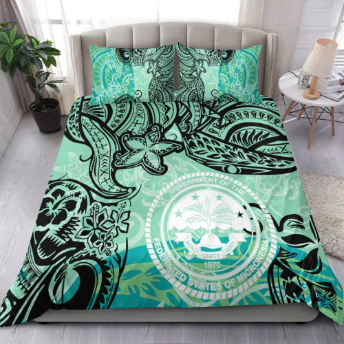 Federated States Of Micronesia Bedding Set - Vintage Floral Pattern Green Color 1