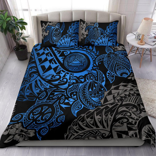 American Samoa Polynesian Duvet Cover Set - Blue Hibiscus Turtle Flowing 1
