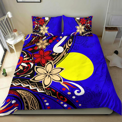 Palau Polynesian Bedding Set - Tribal Flower With Special Turtles Blue Color 1