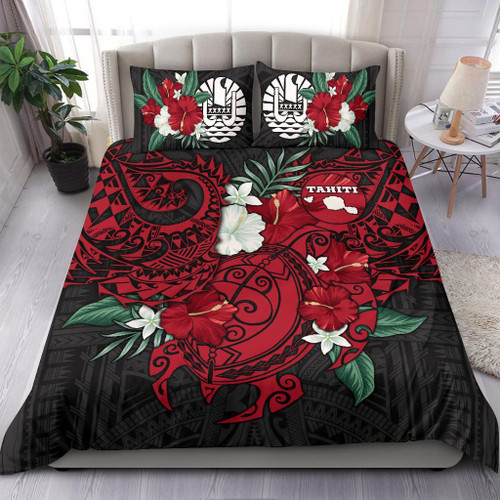 Polynesian Bedding Set- Tahiti Duvet Cover - Hibiscus And Sea Turtle (Red) 1
