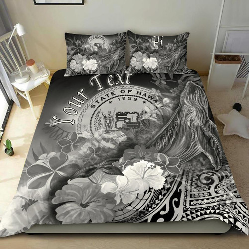 Polynesian Hawaii Custom Personalised Bedding Set - Humpback Whale With Tropical Flowers (White) 1