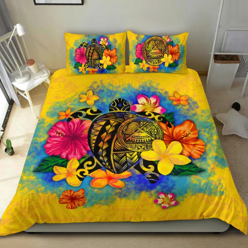 American Samoa Polynesian Bedding Set - Turtle With Plumeria And Hibiscus 1