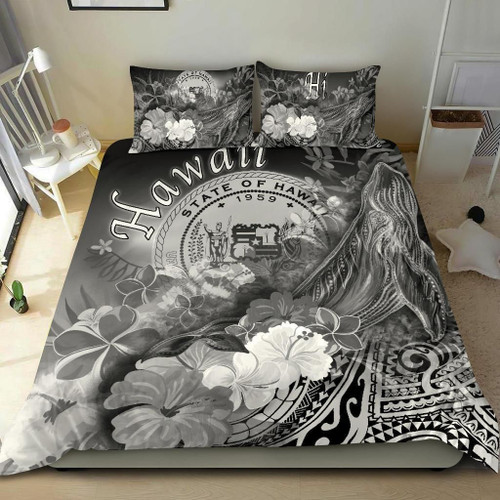 Polynesian Hawaii Bedding Set - Humpback Whale With Tropical Flowers (White) 1