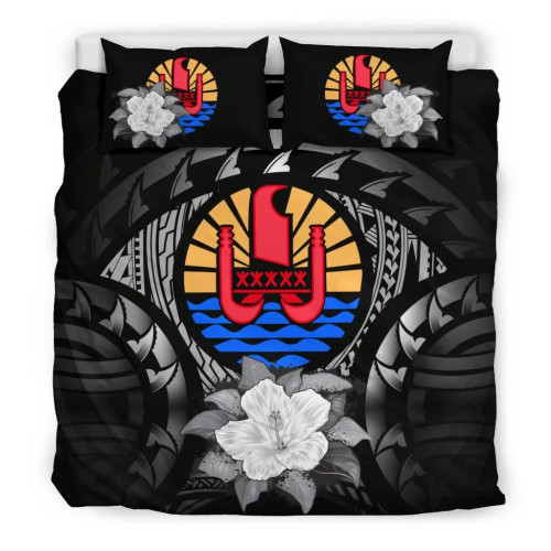 Tahiti Duvet Cover Set - Tahiti Flag & Gray Hibiscus 1