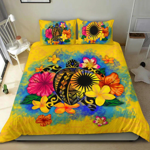Marshall Islands Polynesian Bedding Set - Turtle With Plumeria And Hibiscus 1
