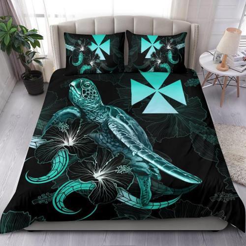 Wallis And Futuna Polynesian Bedding Set - Turtle With Blooming Hibiscus Turquoise 1