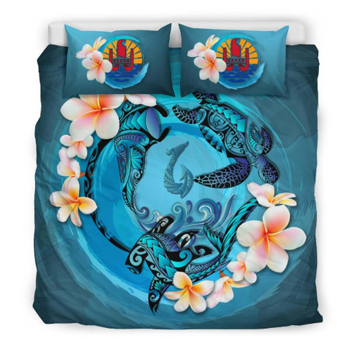 Polynesian Duvet Cover Set - Tahiti Bedding Set Blue Plumeria Animal Tattoo 1