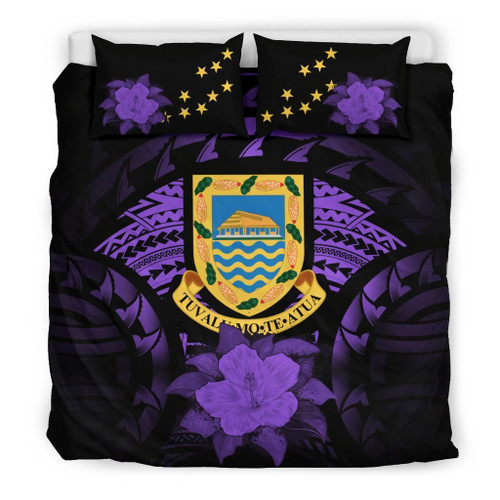 Tuvalu Duvet Cover Set - Tuvalu Coat Of Arms & Purple Hibiscus 1