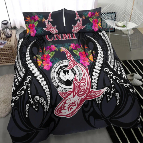 Northern Mariana Islands Bedding Set - Polynesian Shark Hibiscus Flower 1