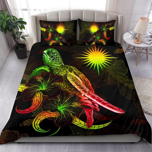 Marshall Islands Polynesian Bedding Set - Turtle With Blooming Hibiscus Reggae 1