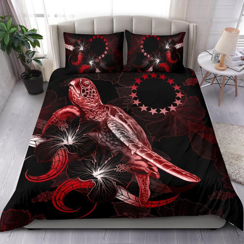 Cook Islands Polynesian Bedding Set - Turtle With Blooming Hibiscus Red 1