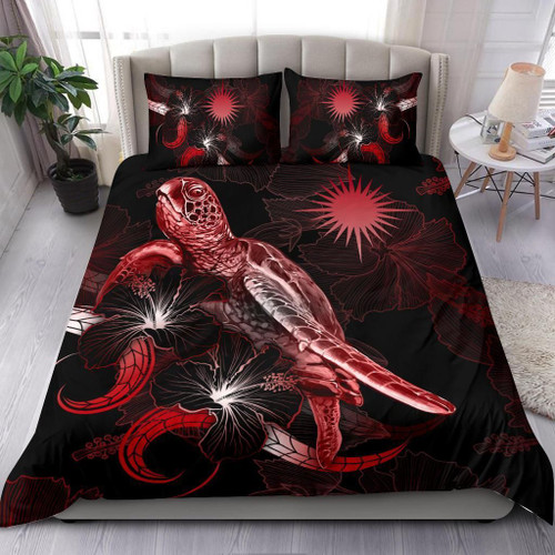 Marshall Islands Polynesian Bedding Set - Turtle With Blooming Hibiscus Red 1