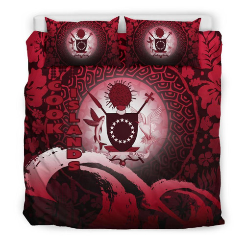 Cook Islands Duvet Cover Set - Cook Islands Coat Of Arms Wave And Hibiscus Red 1