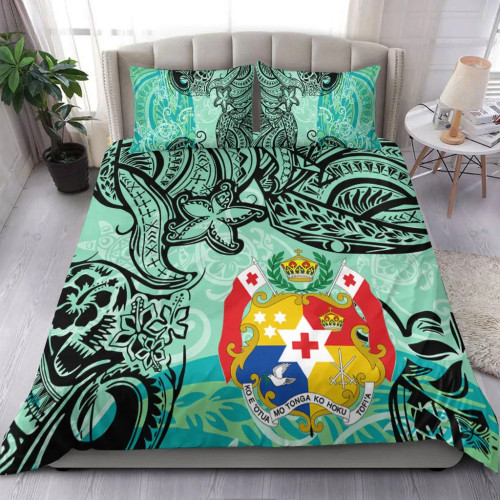 Tonga Polynesian Bedding Set - Vintage Floral Pattern Green Color 1