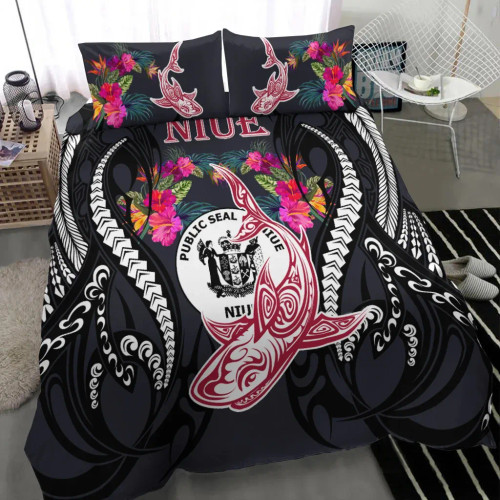Niue Bedding Set - Polynesian Shark Hibiscus Flower 1