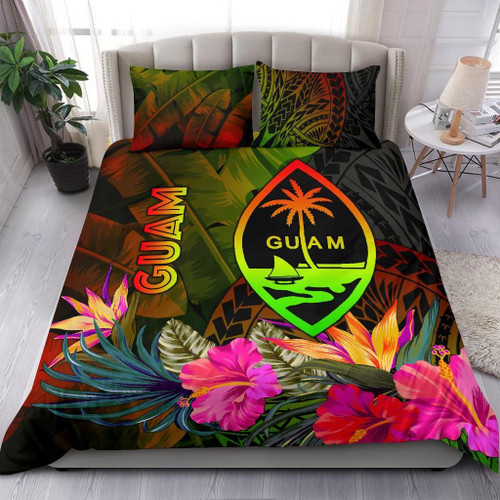 Guam Polynesian Bedding Set - Hibiscus And Banana Leaves 1