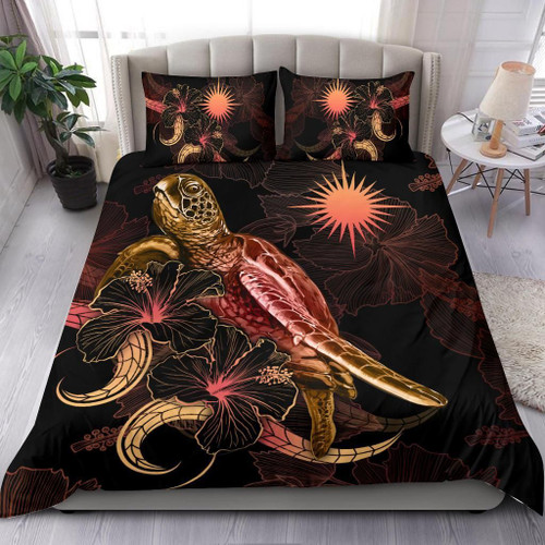 Marshall Islands Polynesian Bedding Set - Turtle With Blooming Hibiscus Gold 1