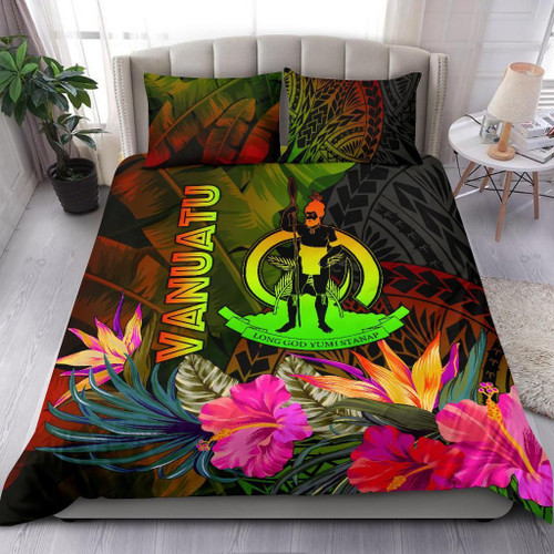 Vanuatu Polynesian Bedding Set - Hibiscus And Banana Leaves 1