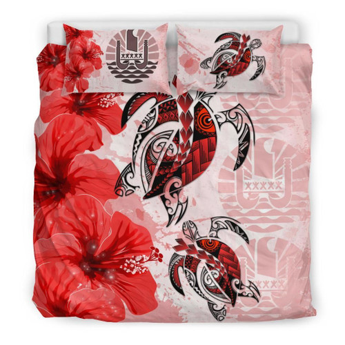 Polynesian Duvet Cover Set - Tahiti Bedding Set Polynesia Turtle Hibiscus Red 1