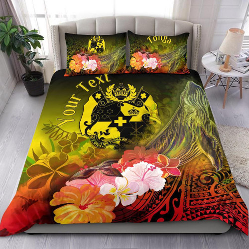 Tonga Custom Personalised Bedding Set - Humpback Whale With Tropical Flowers (Yellow) 1