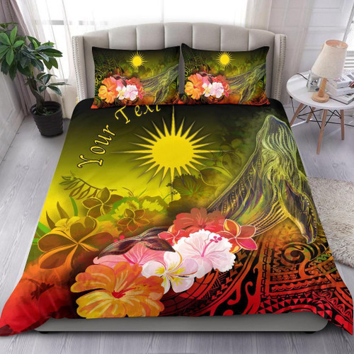 Marshall Islands Custom Personalised Bedding Set - Humpback Whale With Tropical Flowers (Yellow) 1