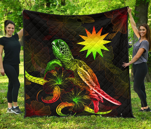 Nauru Polynesian Premium Quilt - Turtle With Blooming Hibiscus Reggae 2