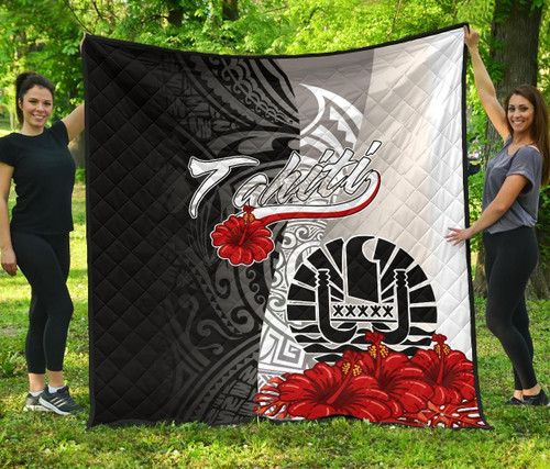 Tahiti Polynesian Premium Quilt - Coat Of Arm With Hibiscus White 2