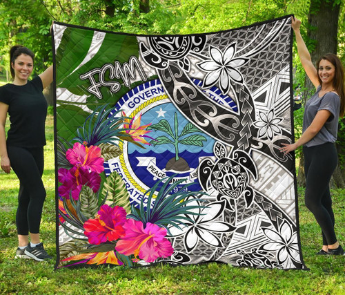 Federated States of Micronesia Premium Quilt White - Turtle Plumeria Banana Leaf 1