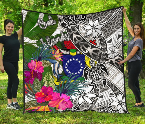 Cook Islands Premium Quilt White - Turtle Plumeria Banana Leaf 1