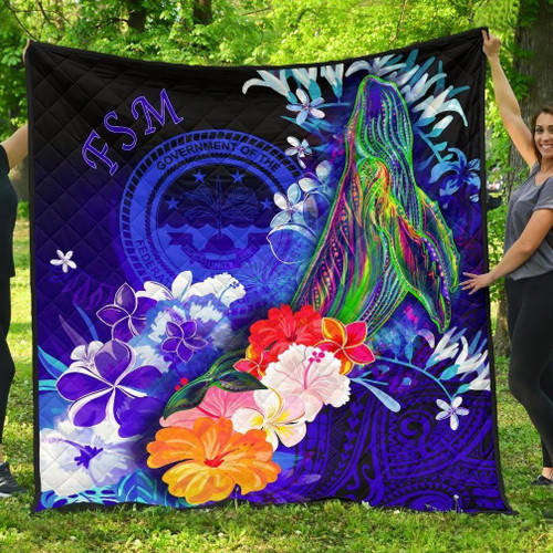 Federated States of Micronesia Premium Quilts - Humpback Whale with Tropical Flowers (Blue) 1
