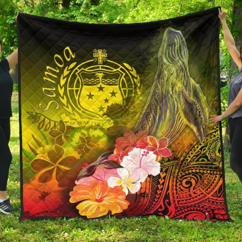Samoa Premium Quilt- Humpback Whale with Tropical Flowers (Yellow) 1