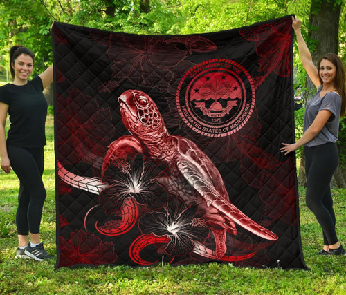 Federated States of Micronesia Polynesian Premium Quilt - Turtle With Blooming Hibiscus Red 2