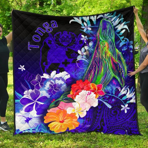 Tonga Premium Quilt - Humpback Whale with Tropical Flowers (Blue) 1
