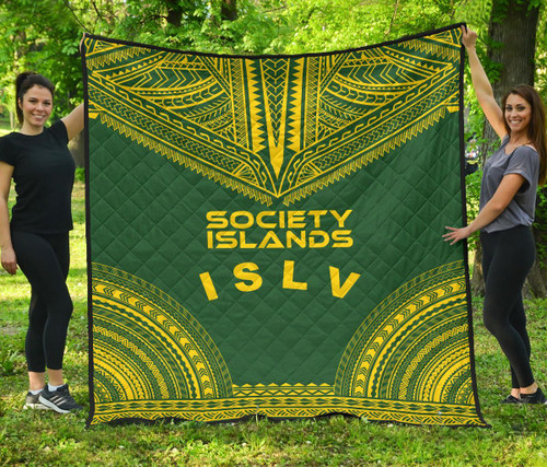 Society Islands Premium Quilt - Society Islands Flag Polynesian Chief Green Version 1