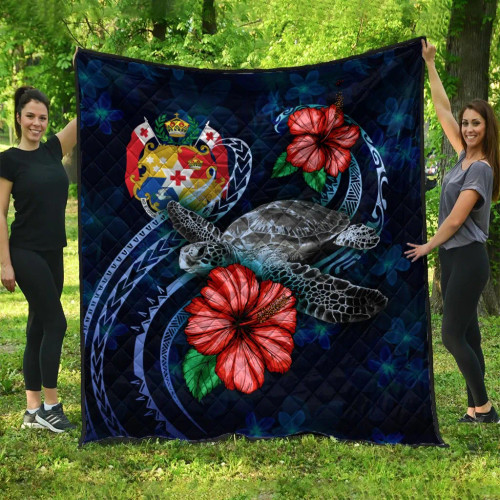 Tonga Polynesian Premium Quilt - Blue Turtle Hibiscus 1