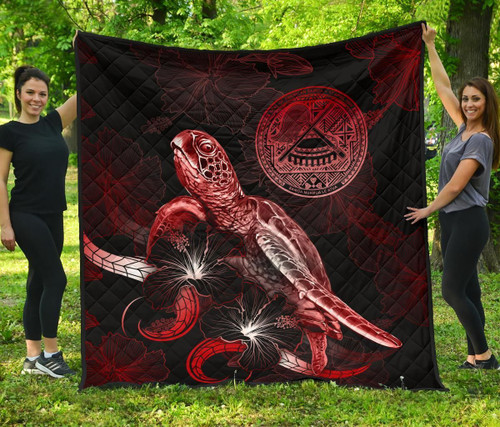 American Samoa Polynesian Premium Quilt - Turtle With Blooming Hibiscus Red 2