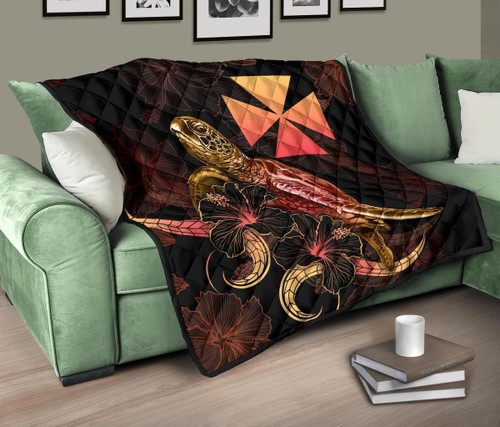 Wallis And Futuna Polynesian Premium Quilt - Turtle With Blooming Hibiscus Gold 1